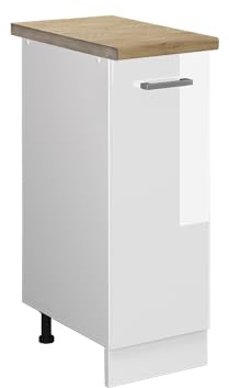 Vicco Apothekerschrank R-Line, Weiß Hochglanz, 30 cm | 1 Auszug · AP Eiche inkl. · Höhenverstellbare Füße · 2 Einlegeböden · ✓ Frei kombinierbar