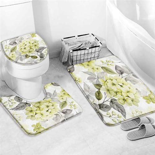 Badteppich-Set 3-Teilig Gelbe Hortensie Blume Frühlingsblumen Aquarell Elegante Graue Blätter Vintage Rustikal Frauen Mädchen Natur Badezimmer Vorleger 3-Teiliges Wc Vorleger Set 3 Teilig