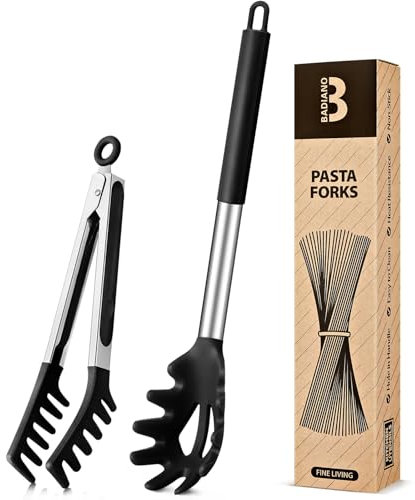 Spaghetti-Löffel & Nudelzange aus Silikon, antihaftbeschichteter Edelstahlgriff, Nudelgabel-Set mit Zähnen, Lebensmittelclip zum einfachen Servieren von Nudeln (Schwarz)