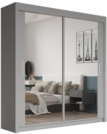 SERENITY SELECTION Modern Wardrobe with FULL Length Mirror - 2 & 3 Sliding Doors wardrobe,Adjustable Shelves,Hanging Rails,and Ample Storage Space-Stylish Bedroom Furniture (Grey, 203cm)
