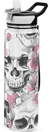 Mnsruu Transparente Sport-Wasserflasche mit Strohhalm, auslaufsichere Trinkflasche, Totenkopf-Stil, Fahrradflaschen für Sport, Büro, Schule, BPA-freier Tritan-Kunststoff, 1 Liter