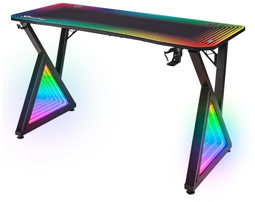 X-Rocker Infinity 140cm x 60cm, RGB LED Gaming Desk - App-Controlled Lights, Large Dual Monitor, Headphone Hook, Cup Holder, Sturdy Metal Frame for Kids & Teens - Black - Mouse Mat Included