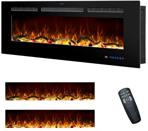 Rodalflame 122cm Chimenea eléctrica, Chimenea empotrable y de Pared para Interiores con Mando a Distancia, 13 Colores de Llama con Tronco y Cristal, Temporizador 9H