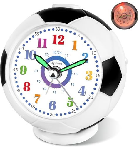 Ayybboo Wecker Kinder Analoger Fußball ohne Ticken mit Nachtlicht Snooze,Lernwecker für Jungen Mädchen Schlafzimmer,Schulanfänger Geschenk（Schwarz-Blau）