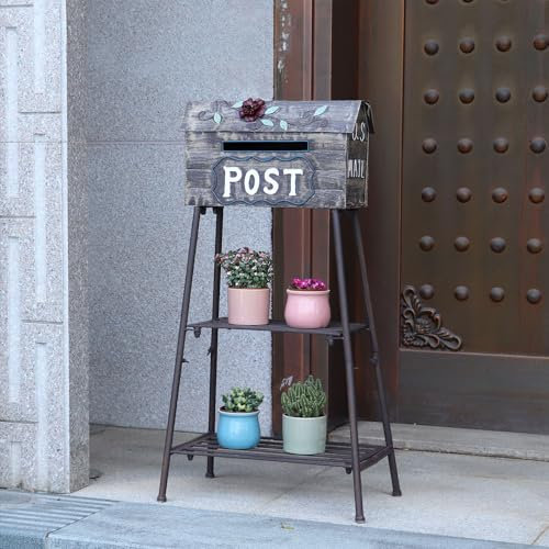 Meatl Mailbox and Plant Stand Combination,Mailboxes for Outside with Plant Stand,Decorative Mailboxes Outside,Rustic Mailbox,Garden Porch Decor