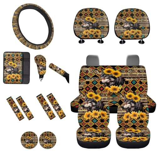 STUOARTE 16-teiliges Autozubehör-Set, Wolf, Sonnenblume, Azteken-Druck, universeller Autositzbezug, vollständiges Set für Auto, LKW, SUV, Lenkradbezug, Sicherheitsgurtpolster, Armlehnenbezug,