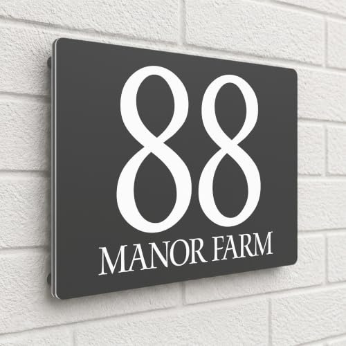 Housics Personalised House Number Plaque, Door Sign, Grey, 200mm x 130mm | Custom Number & Street Name Weatherproof UV-Printed Fits Any Wall Gate or Door