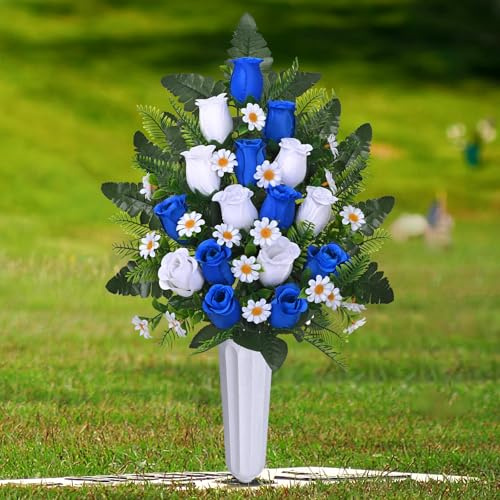 Dolicer 2 Sets Artificial Cemetery Flowers for Grave, Realistic Grave Flowers Memorial Flower UV Resistant Silk Rose Flower with Vase for Cemetery Decorations (Blue, White)