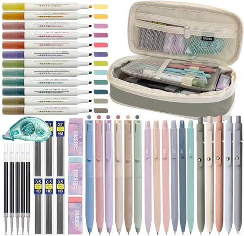 SeBeLi 44 Stück Schulsachen mit Mäppchen, 12 Pastell Textmarker, 11 Gelstifte, 6 Druckbleistift, Aesthetic Mäppchen Stifte Set für Teenager Mädchen School Stuff Büro Frauen Erwachsene (Grün)
