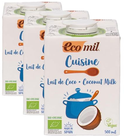 Ecomil Cusine Coco Bio 500 ml. Crema a base de leche de coco bio para cocinar. Sin lactosa, sin gluten, sin azúcares añadidos, sin soja, sin huevo, sin proteína láctea y con bajo contenido en sal