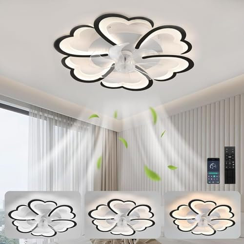 Ventilatore da soffitto con lampadario e telecomando LED dimmerabile, design con pale da soffitto, ventilatore a fiori DC, lampada da soffitto da 90 cm, ventilatore da soffitto reversibile a 6 veloc