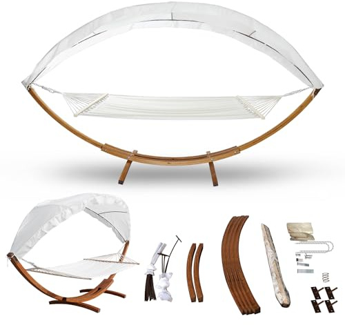 ISOISL Amaca con telaio e baldacchino, amaca in legno di larice resistente alle intemperie, fino a 200 kg, amaca per 2 persone, all'aperto e al coperto