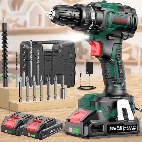 Perceuse Visseuse Sans Fil Brushless, CEEIGOO Visseuse Devisseuse Sans Fil 21V avec 2 Batteries 2.0Ah, 42N.m Max, 18+1 Réglages de Couple, 14 Accessoires, 2 Vitesses pour Projet de Bricolage
