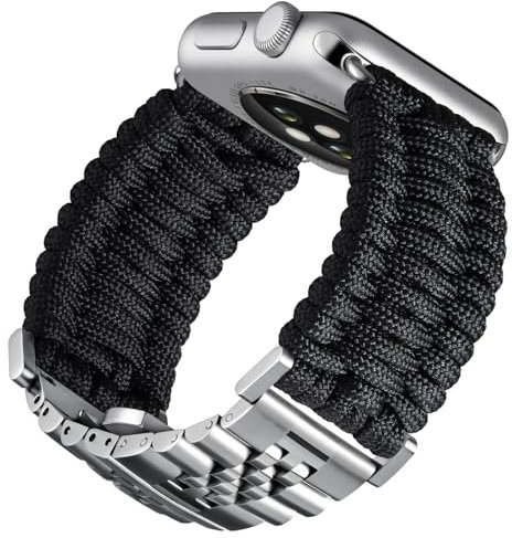 BINLUN Kompatibel mit Apple Watch Armband 46mm 45mm 44mm 42mm Geflochten 550 Paracord Stahl Sport Armbänder Kompatibel mit iWatch Series 11/10/9/8/7/6/5/4/3/2/1 SE3/2/1 Herren Damen(Schwarz-Silber)