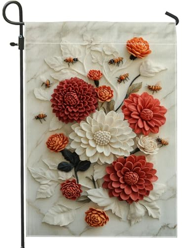 Herbst-Blumen-Gartenflagge, orange-rote Dahlien-Blumen, Bienen, Outdoor-Rasendekoration, doppelseitig, dekoratives Hofbanner für Herbst, Heimdekoration, 30,5 x 45,7 cm