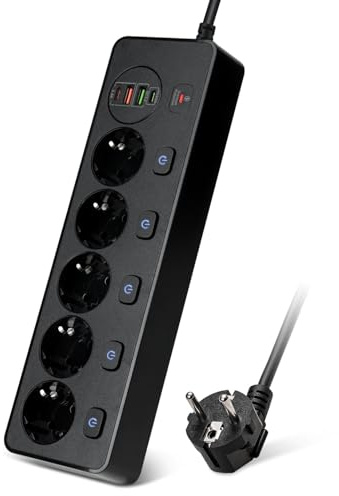 5 Fach Mehrfachsteckdose mit Einzeln Schalter, PD20W Mehrfachstecker für Steckdose, 2M Kabel Steckdosenleiste mit 2 USB-A & 2 USB-C, Kindersicherung, Wandmontage, 3000W, 13A, 250V, Schwarz