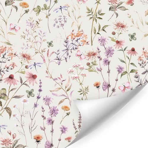 ANHUIB Colorful Boho Floral Wallpaper 17”x118” Pink Decorative Room Wallpaper Self Adhesive Peel And Stick Contact Paper Girls Room Various Wildflowers And Butterfly Wall Paper for Bedroom Living Room