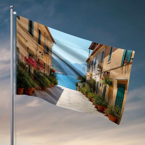Drapeaux de grotte d'homme Une rue pittoresque doublée de plantes en pot mène à une vue côtière sereine. Drapeau décoratif pour chambre de filles Drapeaux amusants (120 x 180 cm)