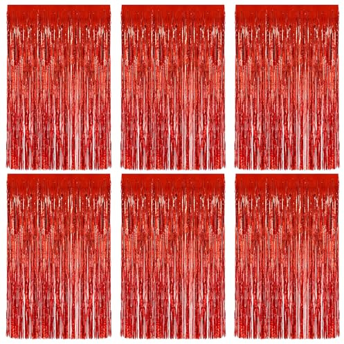 Vaktop 6 Stück Lametta Vorhang Rot, Glitzervorhang Lametta, 1m x 2m | Glitzer Party Vorhang, Folien Fransen Hintergrund fur Party Deko Geburtstagsdeko Hochzeit Festivals Bühnendekor