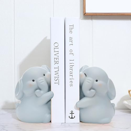 Buchstütze Ente Elefant, Ein Paar Buchstützen mit Rutschfeste Unterlage, Bücherregal Deko Harz Buchhalter, Regal Kinder Bücherstütze Dekorativ,Cartoon Statue Bookends für Schule Schreibtisch (Elefant)
