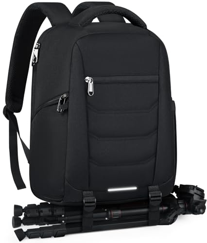 RAINSMORE Mochila Camara Fotos, Mochilas Fotografia, Bolsa Camara Reflex con Compartimento para Portátil de 15,6 y Funda Impermeable para Canon, Nikon y Sony Negro