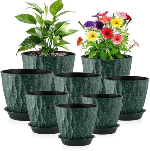 WSMKSZ 8er Set Blumentopf mit Untersetzer, 10 bis 20 cm Pflanztöpfe Innen | Kunststoff Blumentöpfe Set mit Mehrere Ablauflöcher, Moderne 3D-Wellenstruktur, Übertopf Außen, Schwarz mit grünen Sprenkeln