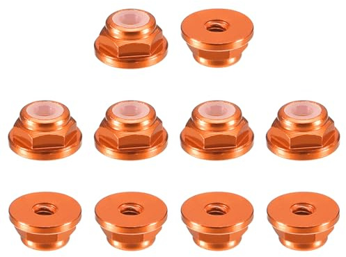 QUARKZMAN Aluminium Flansch Nylon Sicherungsmutter 10 Stück Flanschmuttern - M2 x 0.4mm Selbstsichernde Mutter Anodisiert Metallmuttern Für Befestigungselemente (Orange)