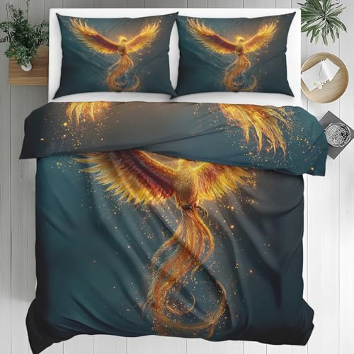 Générique Parure de lit Motif Phénix - Housse de Couette Bleu Foncé 200x200 - Literie Double en Microfibre Brossée - 2 Taies d'oreiller & Fermeture Éclair - Douce et Respirante Vn700