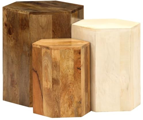 Keeiluna Solid Mango Wood Coffee Table Set 3 Piece Nested Living Room Furniture, Handmade Round Corner Floor Units, Brown & White, No Assembly
