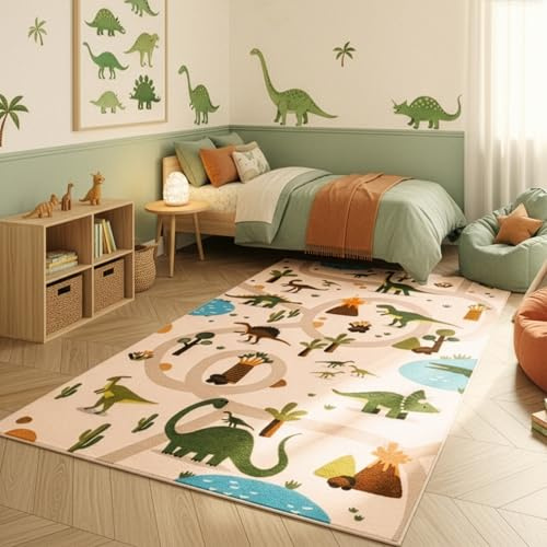 SIMPEX Kinderteppich Dinosaurier Spielteppich für Kinderzimmer in Beige Dino Motiv mit Straßen Größe 80x150 cm ideal für kleine Spielbereiche