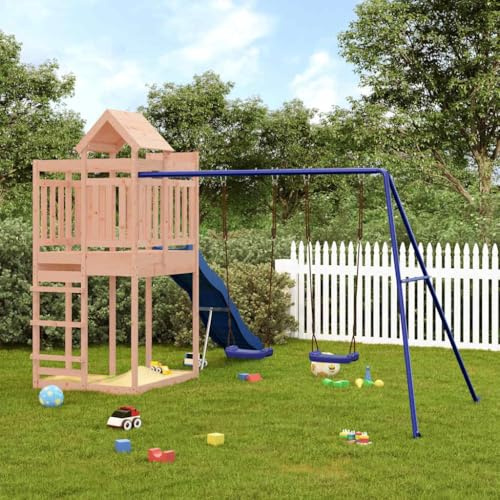 Kaloriko Torre de juegos de madera maciza Douglas con tobogán y columpio doble, estructura de escalada para niños, casa de juegos de jardín con arenero y columpio nido