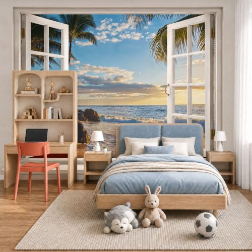 Papel Pintado Fotomural 200X140Cm Vista Playa Al Atardecer Desde Ventana. Islas Tropicales Tejido No Tejido Fotomural 3D | Mural De Pared Papel Pintado Decoración Salón Dormitorio, Azul Claro