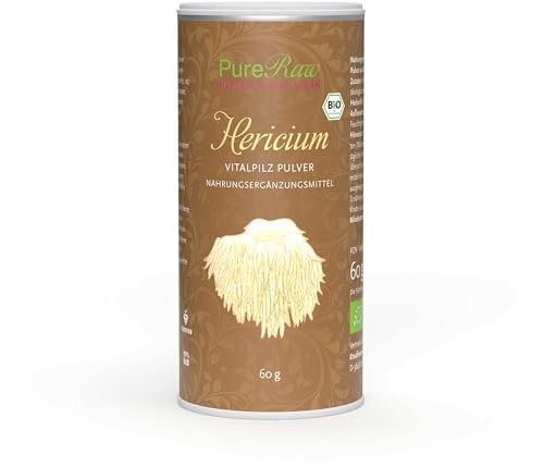 Hericium Erinaceus Pilz Pulver Lionsmane (Bio Roh Vegan) Igelstachelbart Löwenmähne PomPom Affenkopfpilz Vitalpilz Pilzpulver - Raw Organic Lions Mane Mushroom Powder | PureRaw 60g