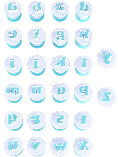 Moldes de letras del alfabeto, 26 cortadores de émbolo, cortadores de letras de fondant en minúsculas, molde de galletas para fondant, herramienta de decoración de pasteles, impresión de sello de