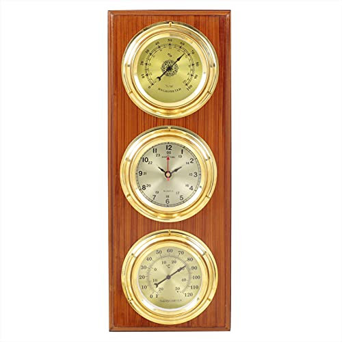 Stazione meteorologica rettangolare su base in legno con finitura anticata, quadranti rotondi in ottone massiccio lucido con display numerico, igrometro + orologio da parete + termometro, decorazione