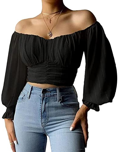 MIRACMODA Womens Off The Shoulder Puff Sleeve Blouse Chiffon Slim Crop Tops