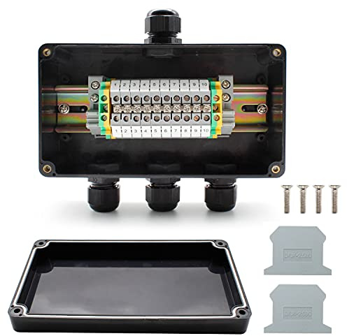 Abzweigdose Wasserdicht IP66, 155 x 90 x 60 mm, SRJQXH Durchgangsklemme 10-polig UK2.5B klemmen mit DIN-Schiene, Schwarz Verteilerdose Aufputz 1 In 3 Out, fur Schaltschrank Außen Wasserdicht