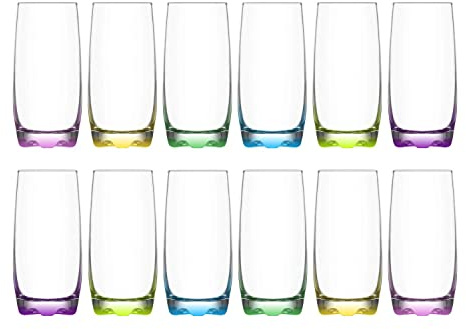 Highball Tumbler Drinking Glasses with Coloured Base Design - 240ml Capacity - Set of 12 Glasses