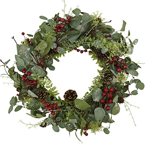 WreathDream Künstlicher Weihnachtskranz mit Eukalyptusblättern, Tannenzapfen, rote Beeren für Haustür, Innen- und Außenbereich, Bauernhaus, Wanddekoration, Urlaubsdekoration