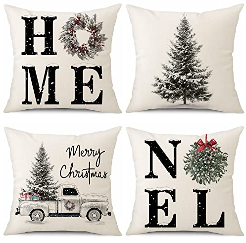 Sungeek 4er Set Weihnachten Kissenbezüge, Leinen Dekorative Zierkissenbezüge Weihnachtsmann Kissenbezug Deko Kissenhülle für Sofa Couch Schlafzimmer Wohnzimmer (45x45 cm, Weihnachtsbaum)