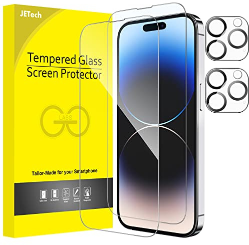 JETech Schutzfolie für iPhone 14 Pro, 2+2 Stück | Mit Kameraschutz, 9H Gehärtetes Glas Displayschutzfolie, Vollabdeckung, HD Klar, Hüllenkompatibel