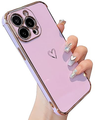 ZTOFERA Compatible with iPhone 12 Pro Max Case for Girls Women, Flexible Silicone Protective Phone Case with Cute Heart Pattern Gold Edging Shockproof Bumper Cover for iPhone 12 Pro Max, Purple