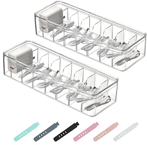 2 Piezas Organizador de Cables con Tapa, Caja de Gestión de Cables de Plástico, con 8 Compartimentos y 24 Bridas, Transparente Caja de Almacenamiento de Cables para Guardar y Clasificar Cable de Carga