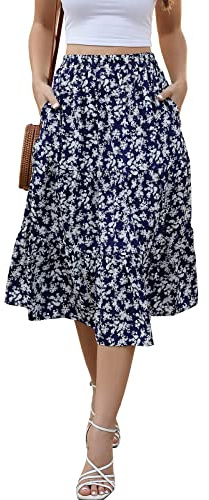 Lyrur Women's Skirts Elastic Waist Flowy Summer Boho Ruffle Casual Floral Midi Tiered Skirts with Pockets(M,9193-Navy Floral)
