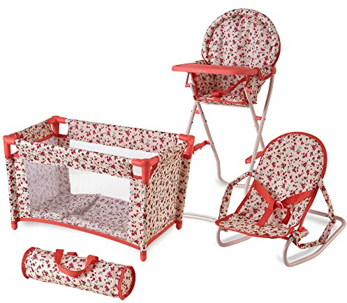 Floral Baby Doll Accessories Set, 3-1 Baby Doll Crib, Baby Doll High Chair & Bouncer Seat. 18 inch Doll Accessories with Doll Bed. 18 Dolls Furniture Play Stuff. Toys for Girls Ages 3-5,4-6,5-7,8-10