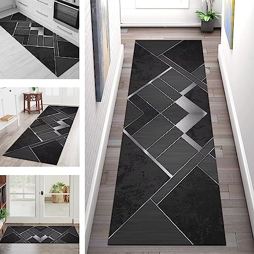 Teppich Läufer Lang Flur Küche rutschfest waschbar Korridor Tepiche Küchenläufer 90X200CM Schwarz Grau Teppichläufer Matte Meterware Kücheteppich Schlafzimmer Wohnzimmer Flurmatten Breit 40-120cm