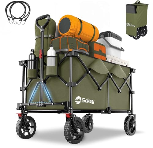 Sekey XXL Plus Carrello Pieghevole con Freni 200L 150KG, Carrello da Giardino con Ruote ai Terreni Accidentati, Design Brevettato Pieghevole da QUATTRO Direzioni SE4010, Verde Oliva