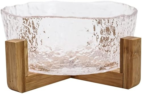 Salad Bowl Pasta Bowls Salad Bowl Glass Transparent Hammer Pattern Home Vegetable Fruit Dessert Bowl Crystal Salad Bowl with Wooden Stand Soups and Salads Bowls Kitchen Fashion Tableware (A2pc)
