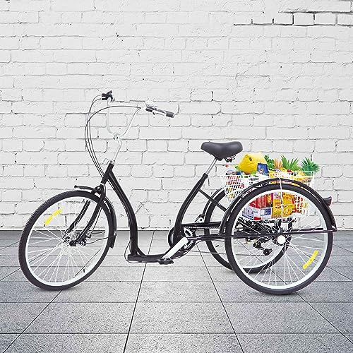 Chynalys 26 Zoll Dreirad für Erwachsene mit Korb, hohe Kohlenstoffstahl 6-Gang-Dreirad, einstellbare Cruise Bike, Radfahren Fahrrad für Frauen Männer, einstellbare Höhe & Sitz (Schwarz)