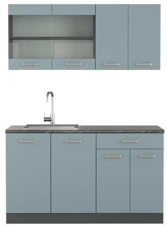 Vicco Singleküche R-Line, Blau-Grau, 140 cm | 4 Module · Höhenverstellbare Füße · Ohne Arbeitsplatte · Robuste Fronten · Mit Glasschrank · Frei kombinierbar